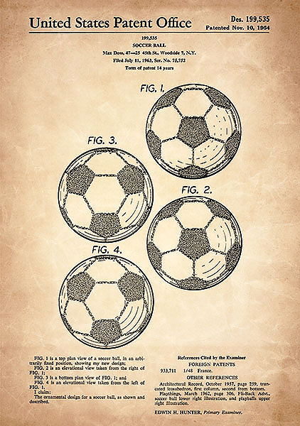 Патент на дизайн футбольного мяча, 1964г