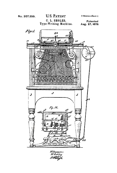 Патент на печатную машинку, 1878г