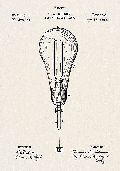 Патент на лампочку Эдисона, 1890г