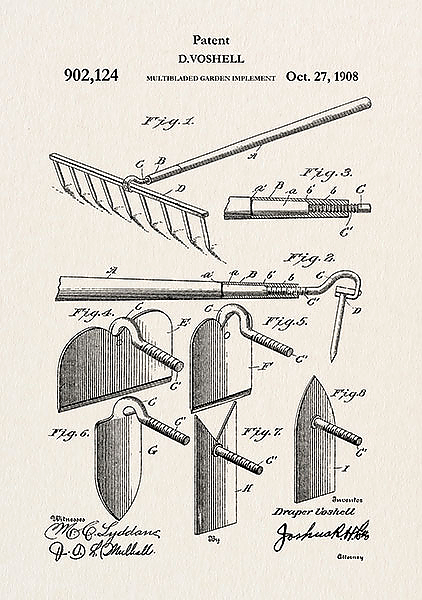 Патент на садовый инструмент с заменяемыми насадками, 1908г