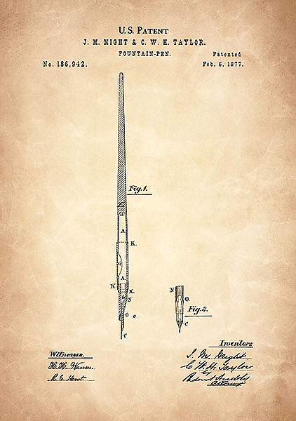 Патент на перьевую ручку Паркер, 1877г