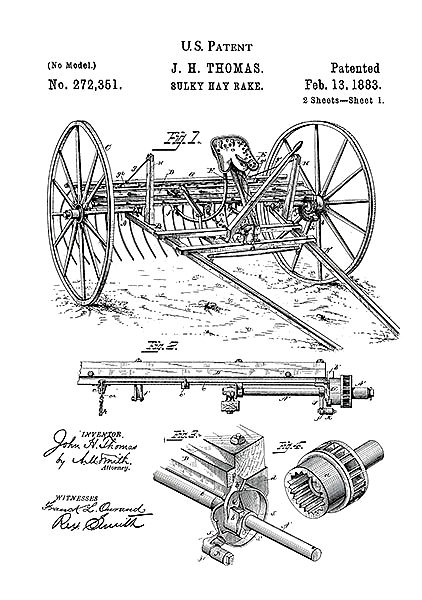 Патент на телегу с граблями для сена, 1883г