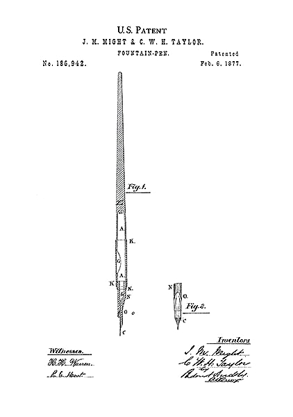 Патент на перьевую ручку Паркер, 1877г