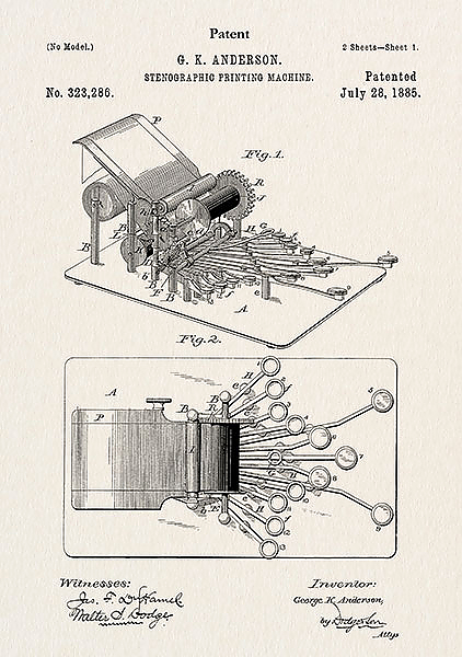 Патент на стенографическою машинку, 1885г