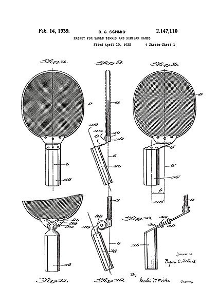 Патент на ракетку для пинг-понга, 1939г