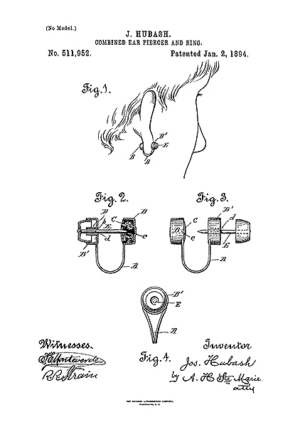 Патент на пирсинг для прокола ушей, 1894г