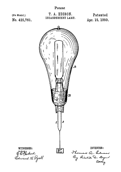 Патент на лампочку Эдисона, 1890г