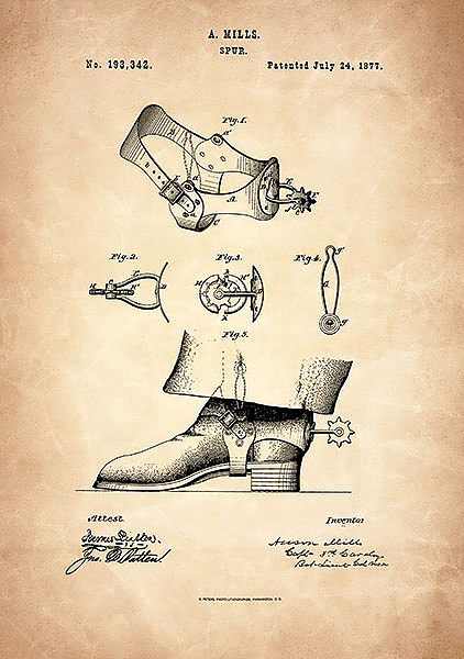 Патент на шпоры для ковбойских сапог, 1877г