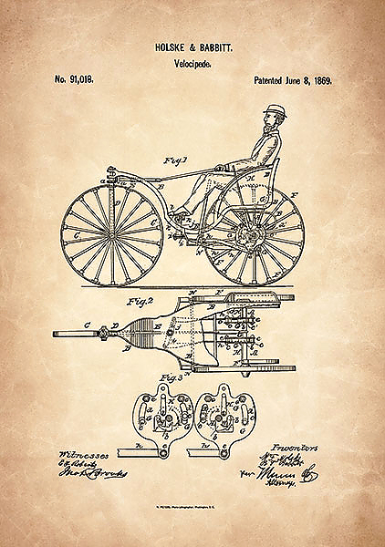 Патент на ретро трехколесный велосипед, 1869г