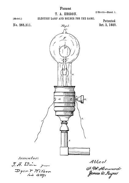 Патент на электрическую лампу и держатель,1890г