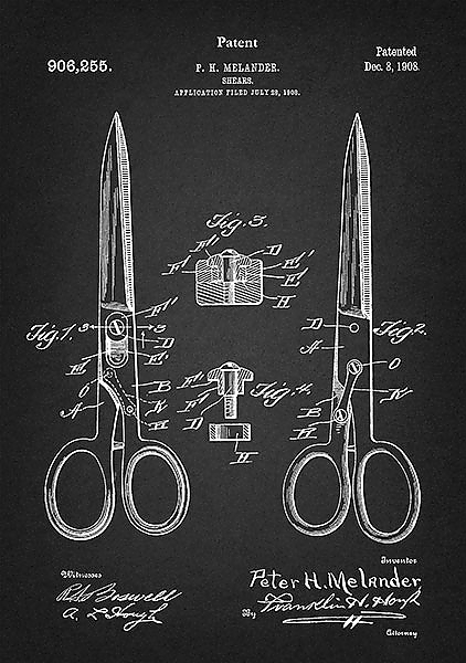 Патент на швейные ножницы, 1908г