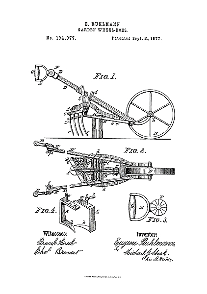Патент на садовые колесные мотыги, 1877г