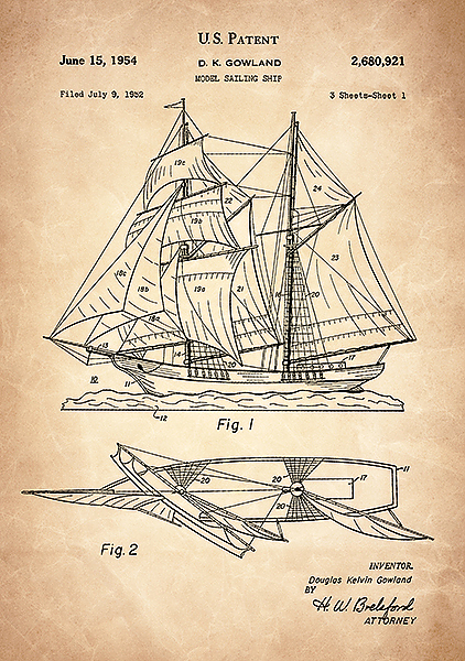 Патент на модель парусного корабля, 1954г