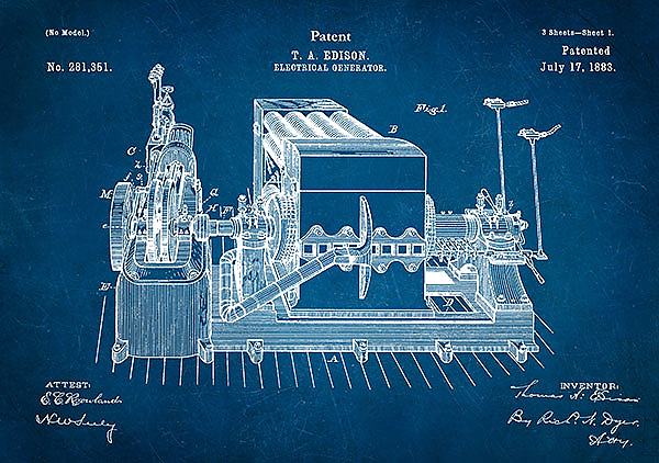 Патент на электрический генератор Эдисона, 1883г