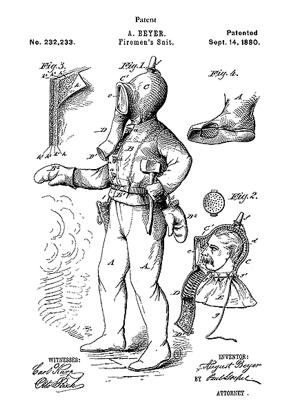 Патент на снаряжение пожарного, 1880г