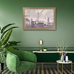 «Sailing Barges Approaching a Wharf» в интерьере гостиной в зеленых тонах «Sailing Barges Approaching a Wharf» в интерьере гостиной в зеленых тонах