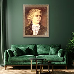 «Wolfgang Amadeus Mozart during his stay in Prague in 1787» в интерьере зеленой гостиной над диваном «Wolfgang Amadeus Mozart during his stay in Prague in 1787» в интерьере зеленой гостиной над диваном