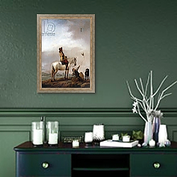 «Gentleman on a Horse Watching a Falconer» в интерьере прихожей в зеленых тонах над комодом «Gentleman on a Horse Watching a Falconer» в интерьере прихожей в зеленых тонах над комодом