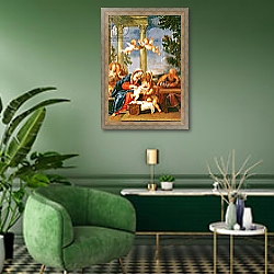«The Holy Family with St. Elizabeth and St. John the Baptist, c.1645-50» в интерьере гостиной в зеленых тонах «The Holy Family with St. Elizabeth and St. John the Baptist, c.1645-50» в интерьере гостиной в зеленых тонах