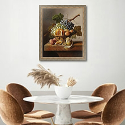 «Grapes, an orange and walnuts in a wicker basket with a lemon and plums, all on a marble ledge» в интерьере кухни над кофейным столиком «Grapes, an orange and walnuts in a wicker basket with a lemon and plums, all on a marble ledge» в интерьере кухни над кофейным столиком