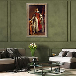 «Portrait of Henry Danvers, 1st Earl of Danby, in robes of a Knight of the Garter, c.1630» в интерьере гостиной в оливковых тонах «Portrait of Henry Danvers, 1st Earl of Danby, in robes of a Knight of the Garter, c.1630» в интерьере гостиной в оливковых тонах