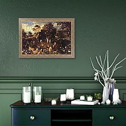 «The Garden of Eden with Adam and Eve» в интерьере классической гостиной с зеленой стеной над диваном «The Garden of Eden with Adam and Eve» в интерьере классической гостиной с зеленой стеной над диваном