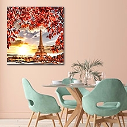 «Франция, Париж. Eiffel Tower with autumn leaves» в интерьере современной спальни с черной кроватью «Франция, Париж. Eiffel Tower with autumn leaves» в интерьере современной спальни с черной кроватью