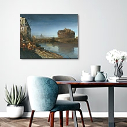 «Castel Sant' Angelo at Dusk, 1882» в интерьере современной столовой в пастельных тонах «Castel Sant' Angelo at Dusk, 1882» в интерьере современной столовой в пастельных тонах
