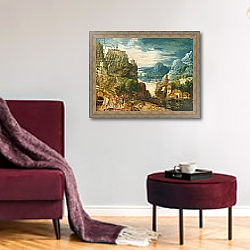 «Mountainous Landscape with the Road to Emmaus, 1597» в интерьере гостиной в бордовых тонах «Mountainous Landscape with the Road to Emmaus, 1597» в интерьере гостиной в бордовых тонах