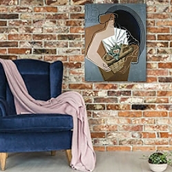 «Woman with Basket; La Femme au Panier, 1927» в интерьере гостиной в стиле лофт в серых тонах «Woman with Basket; La Femme au Panier, 1927» в интерьере гостиной в стиле лофт в серых тонах