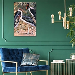«Marabou and Jabiru, illustration from'Wildlife of the World', c.1910» в интерьере гостиной в классическом стиле над диваном «Marabou and Jabiru, illustration from'Wildlife of the World', c.1910» в интерьере гостиной в классическом стиле над диваном