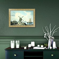 «A Shore Scene with Windmills and Shipping» в интерьере прихожей в зеленых тонах над комодом «A Shore Scene with Windmills and Shipping» в интерьере прихожей в зеленых тонах над комодом