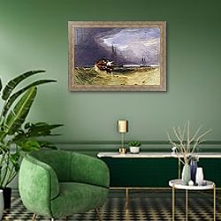 «Fishing Boats Off Yarmouth, 1832» в интерьере гостиной в зеленых тонах «Fishing Boats Off Yarmouth, 1832» в интерьере гостиной в зеленых тонах