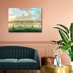 «The British Fleet Sailing into Lisbon Harbour, 1735» в интерьере зеленой гостиной над диваном «The British Fleet Sailing into Lisbon Harbour, 1735» в интерьере зеленой гостиной над диваном