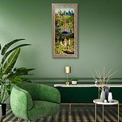 «The Garden of Earthly Delights: The Garden of Eden, left wing of triptych, c.1500» в интерьере гостиной в зеленых тонах «The Garden of Earthly Delights: The Garden of Eden, left wing of triptych, c.1500» в интерьере гостиной в зеленых тонах