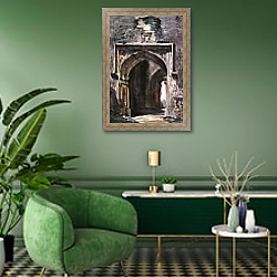 «East Bergholt Church: South Archway of the Ruined Tower, 1806» в интерьере гостиной в зеленых тонах «East Bergholt Church: South Archway of the Ruined Tower, 1806» в интерьере гостиной в зеленых тонах