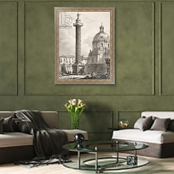 «Trajan's Column, Rome, engraved by A. Willmore» в интерьере гостиной в оливковых тонах «Trajan's Column, Rome, engraved by A. Willmore» в интерьере гостиной в оливковых тонах