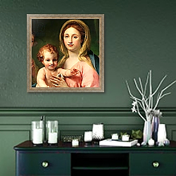 «Madonna and Child with Two Angels, 1770-73 2» в интерьере прихожей в зеленых тонах над комодом «Madonna and Child with Two Angels, 1770-73 2» в интерьере прихожей в зеленых тонах над комодом