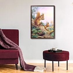 «Pair of Red Squirrels on a Scottish Pine» в интерьере классической гостиной над камином «Pair of Red Squirrels on a Scottish Pine» в интерьере классической гостиной над камином