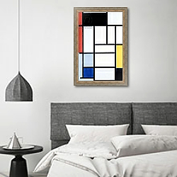 «Composition with red, yellow, and blue, 1921» в интерьере спальне в стиле минимализм над кроватью «Composition with red, yellow, and blue, 1921» в интерьере спальне в стиле минимализм над кроватью