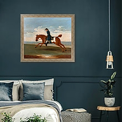 «One of Four Portraits of Horses - a Chestnut Racehorse Exercised by a Trainer in a Blue Coat 1730» в интерьере классической спальни с темными стенами «One of Four Portraits of Horses - a Chestnut Racehorse Exercised by a Trainer in a Blue Coat 1730» в интерьере классической спальни с темными стенами