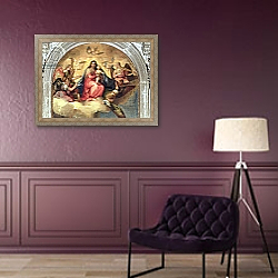 «Virgin and Child with angel musicians» в интерьере гостиной с зеленой стеной над диваном «Virgin and Child with angel musicians» в интерьере гостиной с зеленой стеной над диваном