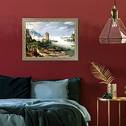 «River Scene with a Ruined Tower» в интерьере спальни с акцентной стеной «River Scene with a Ruined Tower» в интерьере спальни с акцентной стеной
