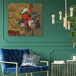 «Geraniums and Guelder Roses; Geraniums et Boules-de-Neige, c.1910» в интерьере гостиной в оливковых тонах «Geraniums and Guelder Roses; Geraniums et Boules-de-Neige, c.1910» в интерьере гостиной в оливковых тонах