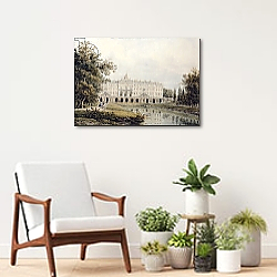 «View of the Great Palace of Strelna near St. Petersburg, 1841» в интерьере современной гостиной с желтым диваном «View of the Great Palace of Strelna near St. Petersburg, 1841» в интерьере современной гостиной с желтым диваном