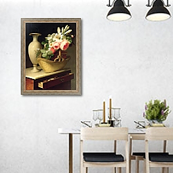 «Bouquet of Lilies and Roses in a Basket, 1814» в интерьере современной столовой над обеденным столом «Bouquet of Lilies and Roses in a Basket, 1814» в интерьере современной столовой над обеденным столом
