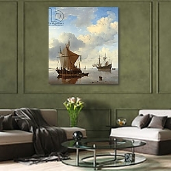 «A calm - a smalschip and a kaag at anchor with an English man-o'-war beyond» в интерьере гостиной с зеленой стеной над диваном «A calm - a smalschip and a kaag at anchor with an English man-o'-war beyond» в интерьере гостиной с зеленой стеной над диваном