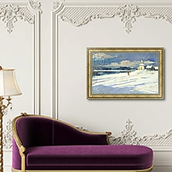 «Winter Landscape with a small Church» в интерьере классической спальни с темными стенами «Winter Landscape with a small Church» в интерьере классической спальни с темными стенами