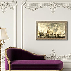 «Battle of the combined Venetian and Dutch fleets against the Turks in the Bay of Foja» в интерьере гостиной в бордовых тонах «Battle of the combined Venetian and Dutch fleets against the Turks in the Bay of Foja» в интерьере гостиной в бордовых тонах