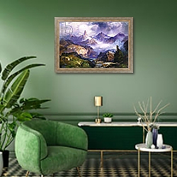 «Index Peak, Yellowstone National Park, 1914» в интерьере гостиной в зеленых тонах «Index Peak, Yellowstone National Park, 1914» в интерьере гостиной в зеленых тонах